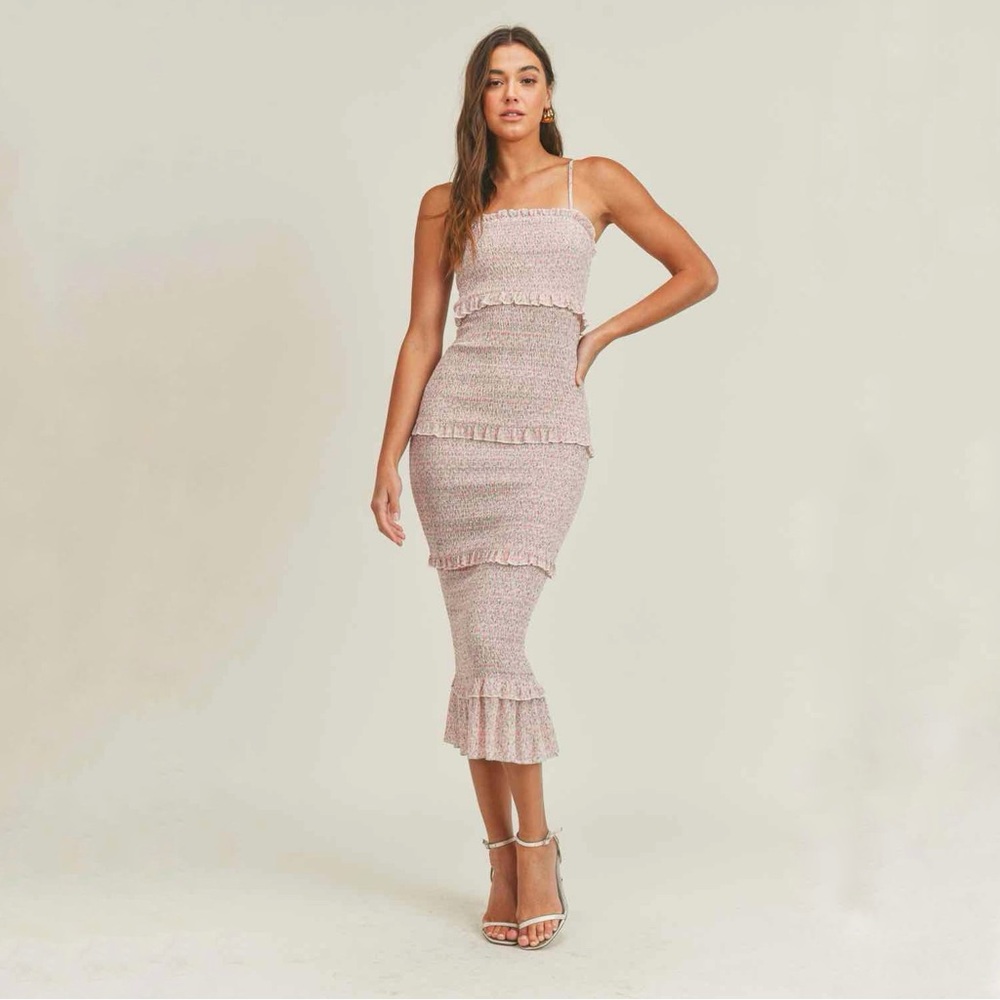 Mabel‎ Daphne Ditsy Flower Ruffe Trim Smocked Midi Long Tube Dress Pink Large